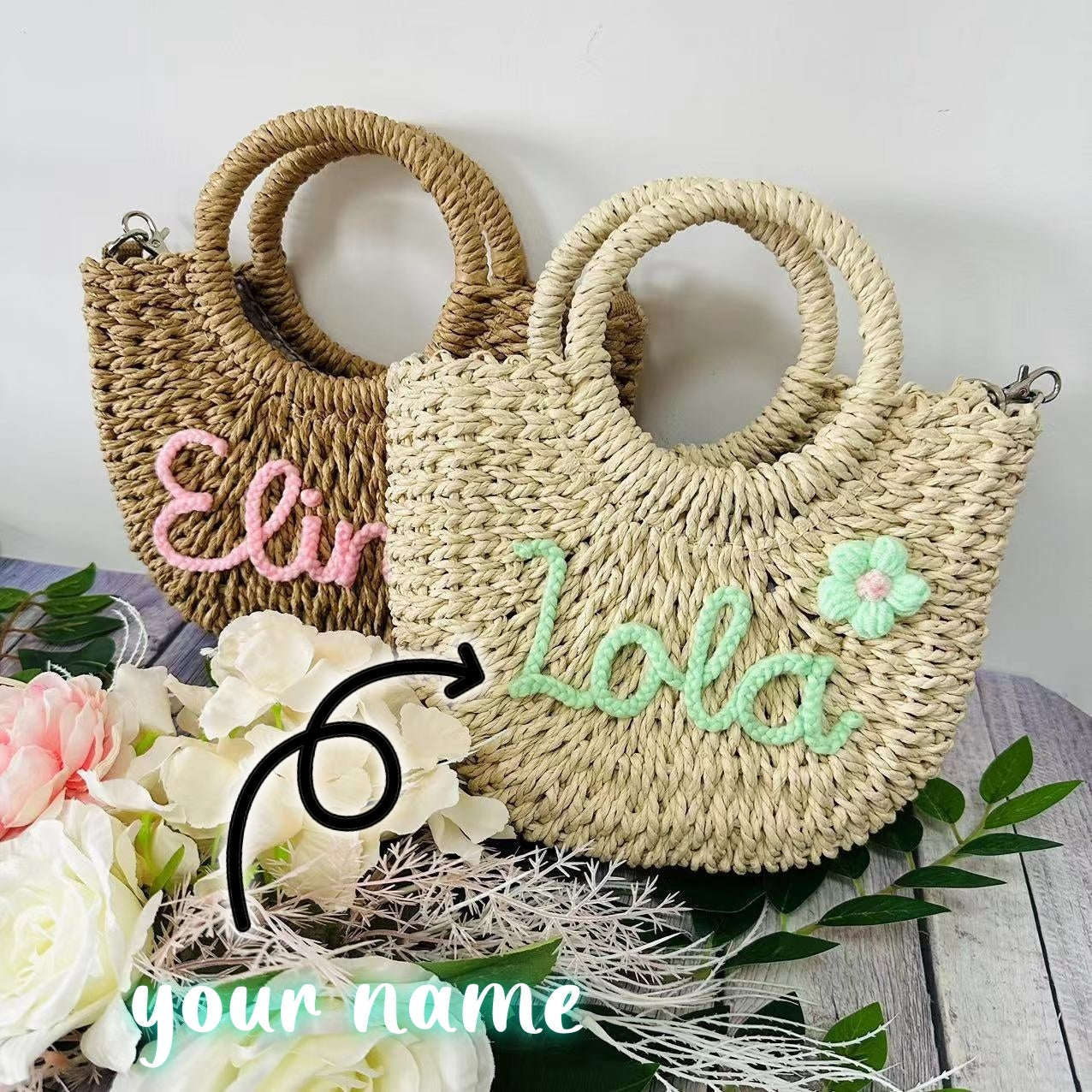 DIY Letter Name Seaside Vacation Straw Woven Tote Bag